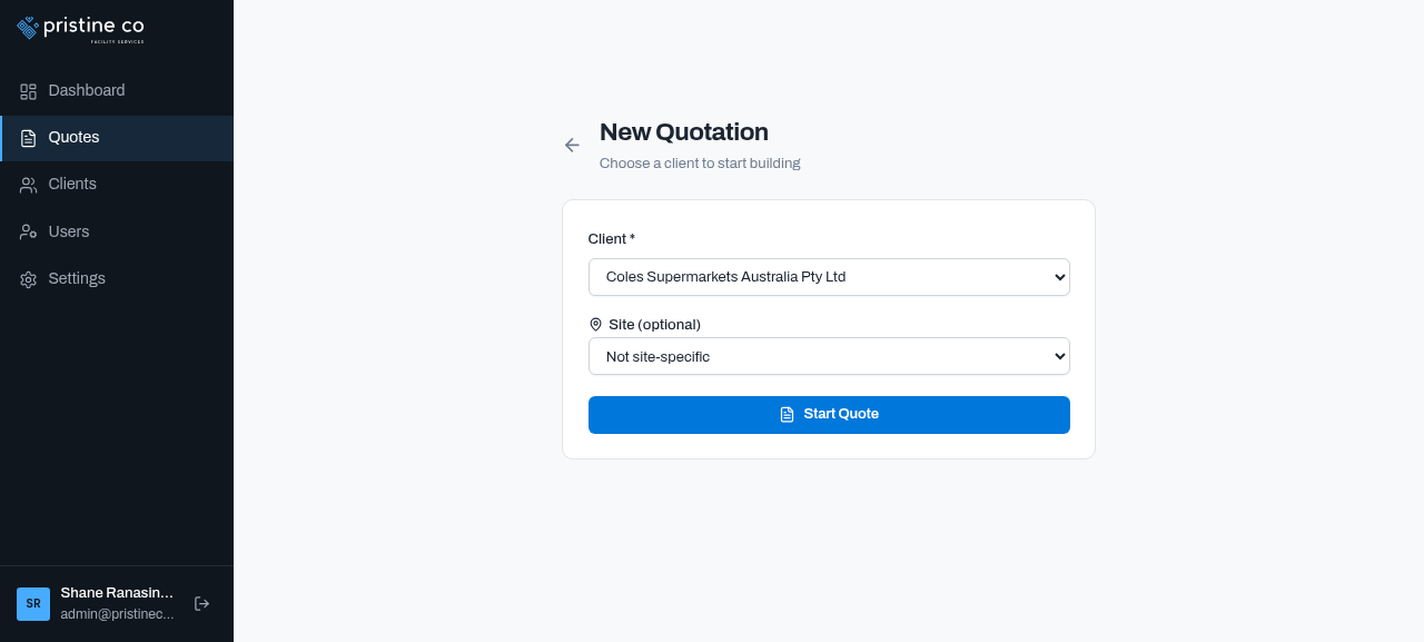 Client selected with site