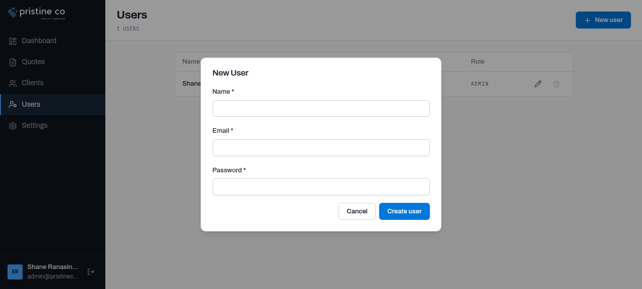 New user modal