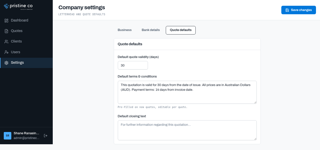 Settings quote defaults