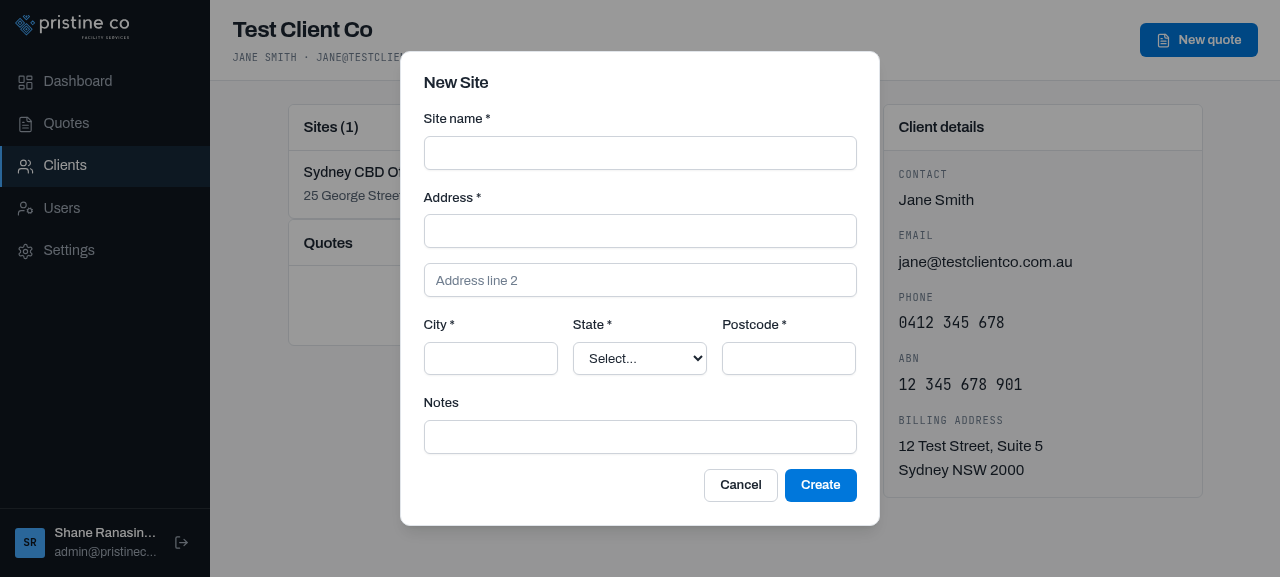 New site modal